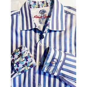 ROBERT GRAHAM BLUE WHITE RED STRIPED SHIRT EMBROIDERED PLACKET & CUFF XXL